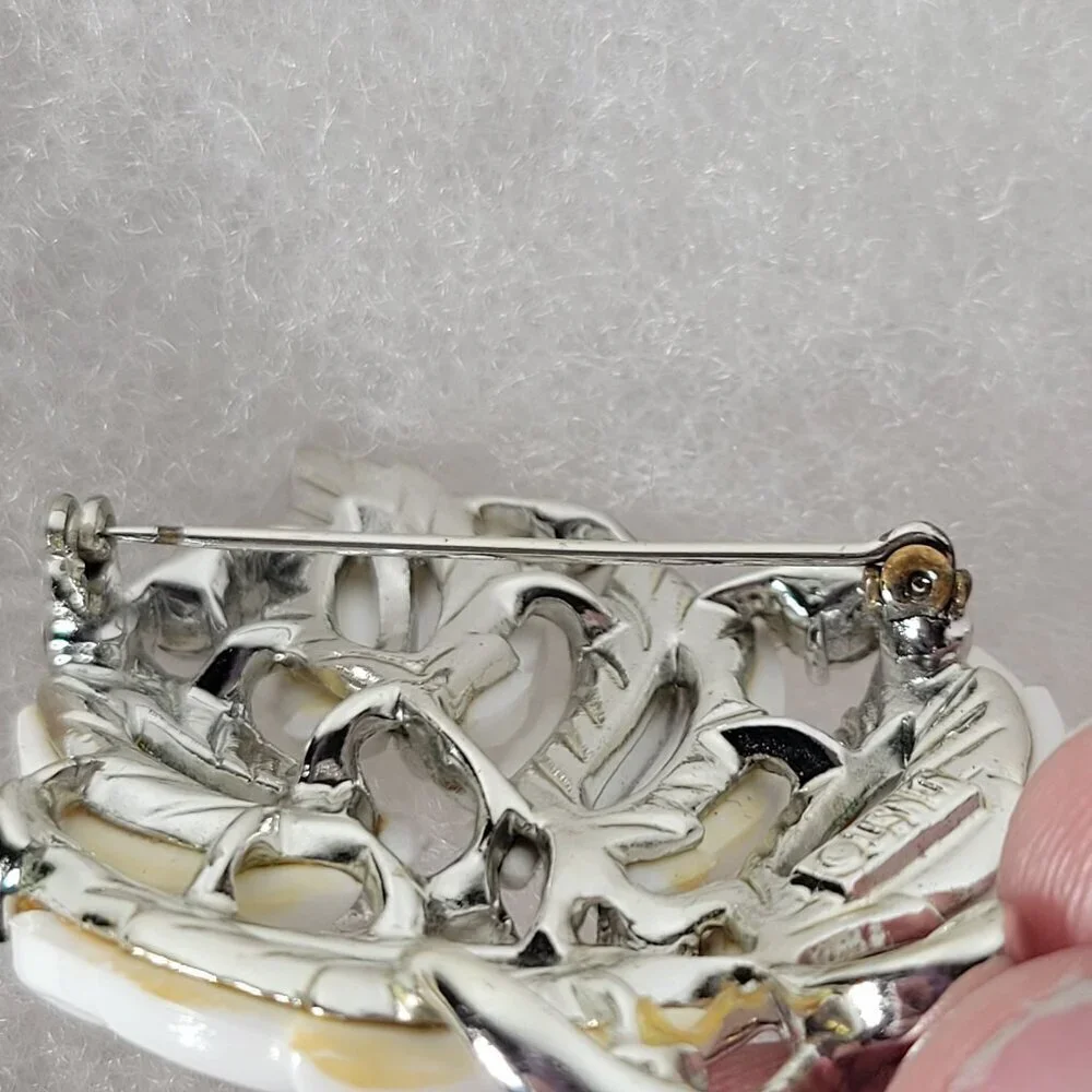 Vintage Classic Elegant Sophisticated White Enamel Rhinestones Leaf Brooch Pin